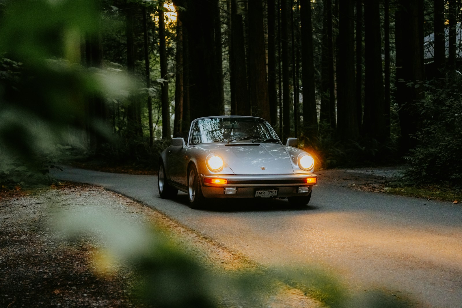 A car driving down a road in the woods